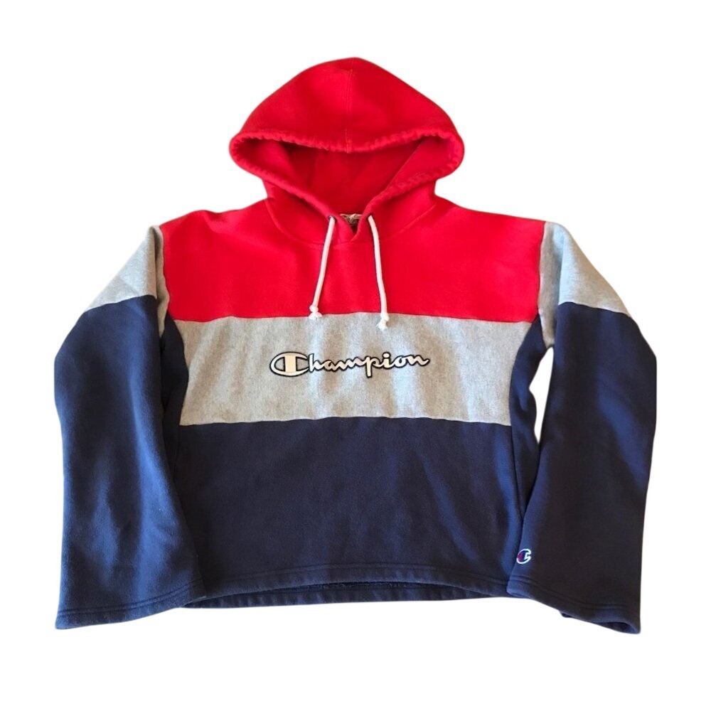 Champion Women's Reverse‎ Weave Colorblock Hoodie Red Gray Navy Size Medium y2k